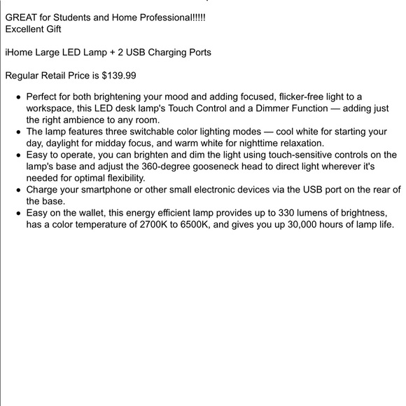 iHome Large LED Desk Lamp with 2-USB Charging Dim - Picture 8 of 8